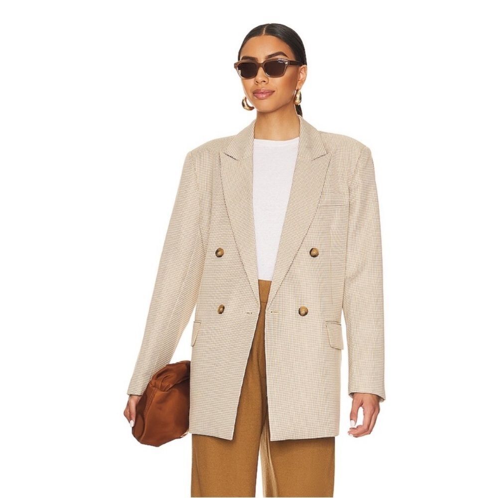 Steve Madden Khaki Beige and White Double-Breasted Houndstooth Blazer in Size XS